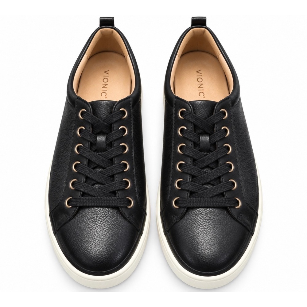 Vionic Winny Oxford Sneakers Black Pebbled Leather Rose Gold Eyelets Womens 8